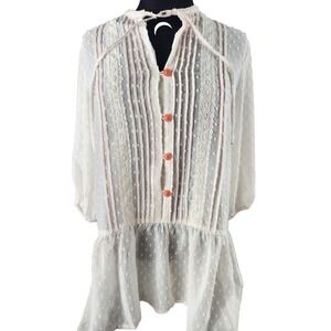 Matilda Jane sheer 3/4 sleeve white and coral swiss dot blouse size XS